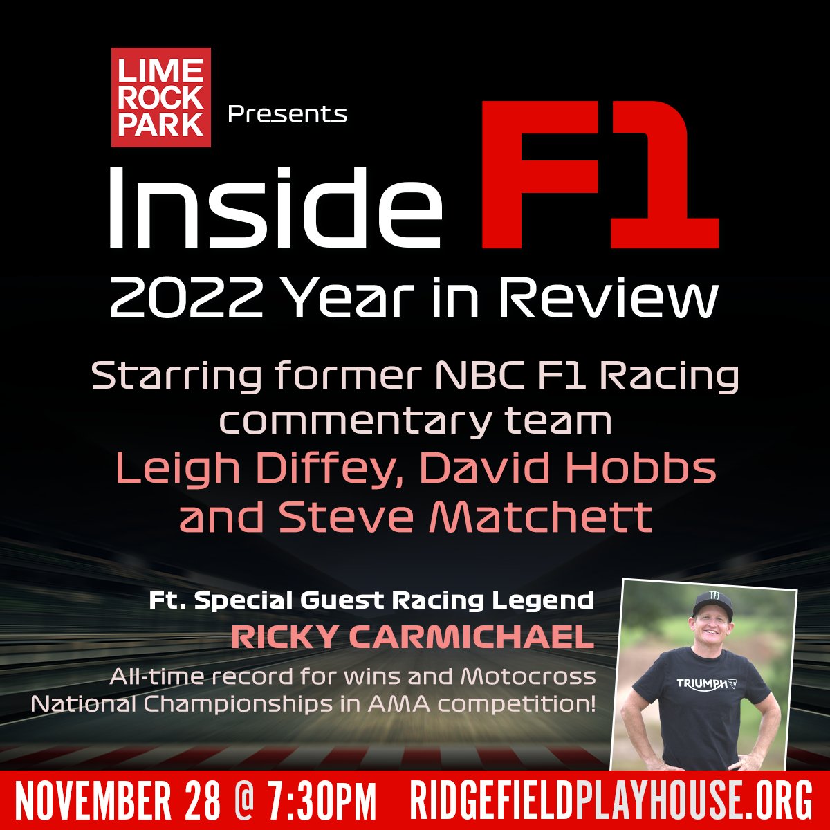 The Ridgefield Playhouse (@rplayhouse) on Twitter photo Folks, start your engines! Catch Former NBC F1 Racing Commentary team <a href="/leighdiffey/">Leigh Diffey</a>, David Hobbs and Steve Matchett TONIGHT for one night only! Special guest for the evening is Racing Legend @rickycarmichael
Tix: bit.ly/2022InsideF1RPH Folks, start your engines! Catch Former NBC F1 Racing Commentary team <a href="/leighdiffey/">Leigh Diffey</a>, David Hobbs and Steve Matchett TONIGHT for one night only! Special guest for the evening is Racing Legend @rickycarmichael
Tix: bit.ly/2022InsideF1RPH