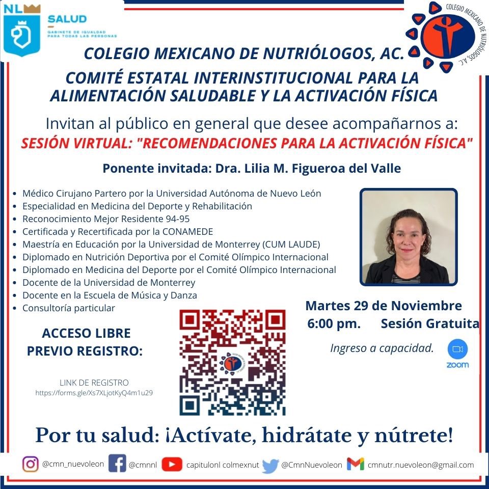 Se invita al público en general a un sesión y charla con la Dra. Lilia Figueroa del Valle, Especialista en nutrición deportiva, Es importante realizar el registro.  Recuerda evitar riesgos para tu salud, consulta siempre con un profesional
LINK DE REGISTRO
forms.gle/Xs7XLjotKyQ4m1…