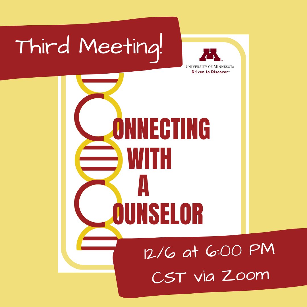 Join our next “Connecting with a Counselor” session on 12/6/22 by signing up here: forms.gle/SxnHTks89eLTMd…. 
If you’re interested to learn more about becoming a genetic counselor &amp; are a current UMN undergrad student, feel free to reach out to the Pre-GC Club at pgcc@umn.edu!