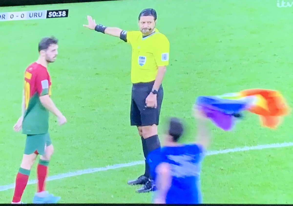 LeftWingSociety's tweet photo. A protester has just pitch invaded holding the LGBT+ flag in Qatar. 🏳️‍🌈👏 https://t.co/sPXalMjBGS