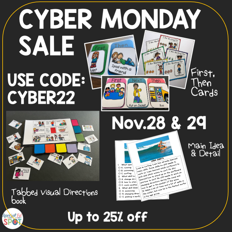 SpecialEdSpot's tweet photo. Great deals today and tomorrow with up to 25% off when you use the code: CYBER22 at checkout.

First Then Cards with direction and schedule cards.
Tabbed Flipbook for individual student schedules
Main and Details. Original stories and questions.
https://t.co/K8NfXm2Ed8 https://t.co/YuZQDdkrAT