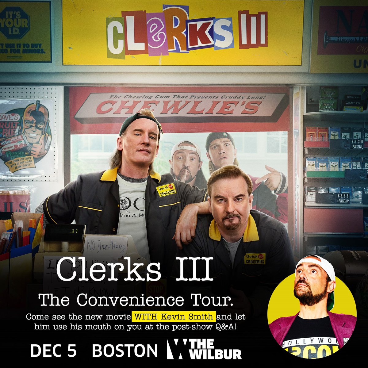 BOSTON! The Convenience Tour is making a quick stop at @The_Wilbur ONE WEEK FROM TODAY! Come see the @ClerksMovie with me at the 51st of our 52 screenings since September 4th! @BrianCOHalloran will be there with me! Get tickets at ticketmaster.com/event/01005D42…!