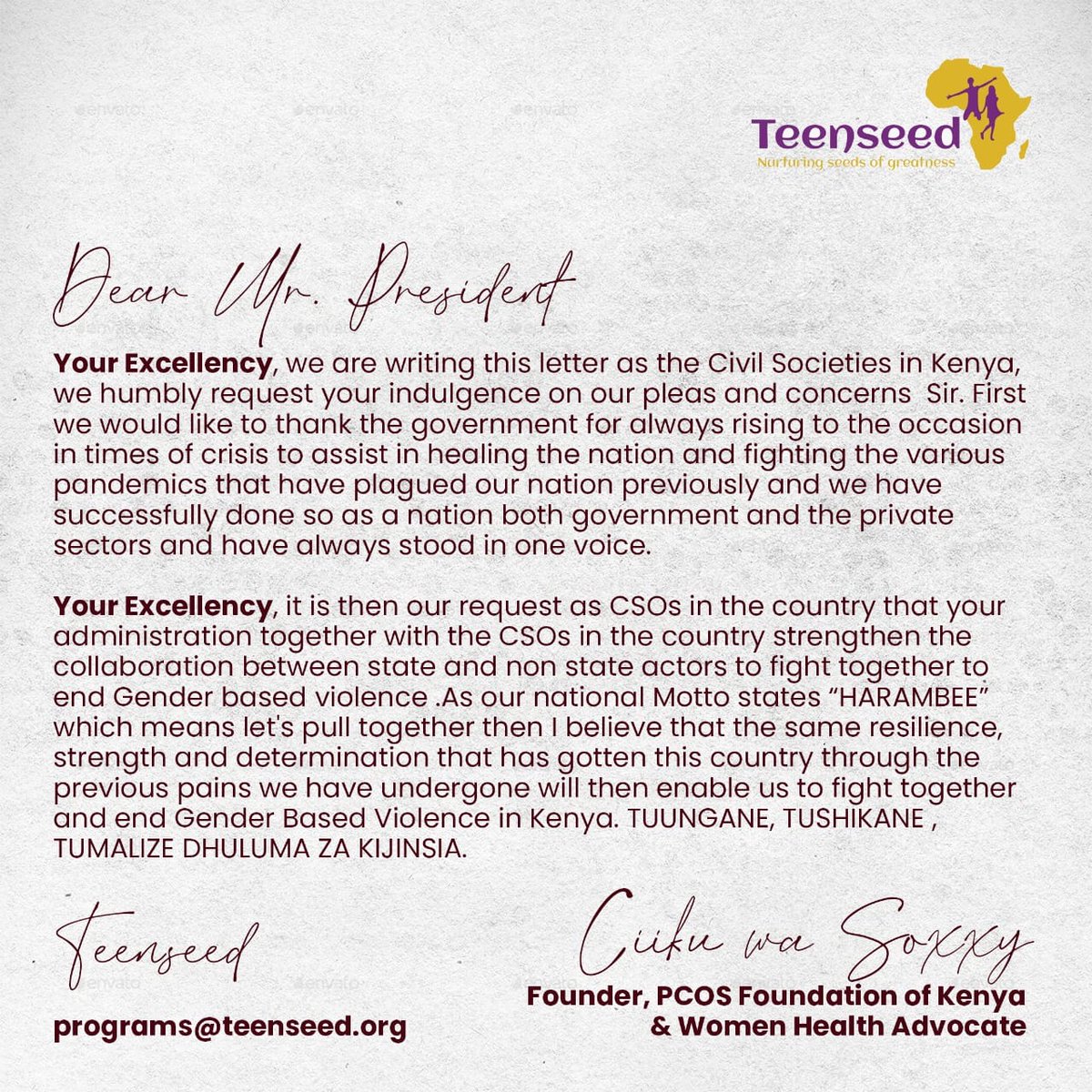 TeenSeed Africa (@teen_seed) on Twitter photo Read our #16DaysOfActivism letter to the President of Kenya His Excellency Dr. <a href="/WilliamsRuto/">William Samoei Ruto, PhD</a> calling for strengthened collaboration between state and non state actors to #EndGBV.
Read full article here: bit.ly/3ENNhtE
#16VoicesWhy #SeedsofGreatness #Najali #EndSGBV Read our #16DaysOfActivism letter to the President of Kenya His Excellency Dr. <a href="/WilliamsRuto/">William Samoei Ruto, PhD</a> calling for strengthened collaboration between state and non state actors to #EndGBV.
Read full article here: bit.ly/3ENNhtE
#16VoicesWhy #SeedsofGreatness #Najali #EndSGBV