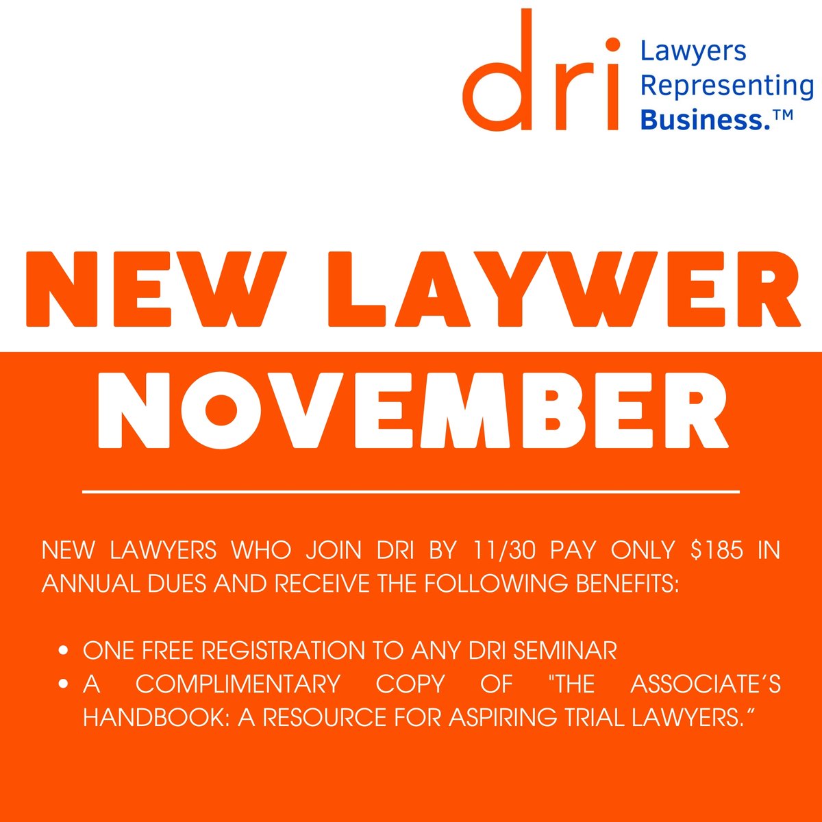 New lawyers who join DRI before 11/30 pay only $185 in annual dues and receive free registration to any DRI Seminar and a copy of "The Associate’s Handbook." Sign up by 11/30: ow.ly/P95c50LPlOw.
 
#DRIYoungLawyers #DRIYLC #YoungLawyers #DRILawyers #DRICommunity