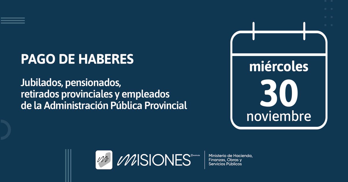 PAGO DE HABERES

👉🏼 El miércoles 30 estará acreditado los haberes de los jubilados, pensionados, retirados provinciales y empleados activos de la administración pública del Estado Provincial.