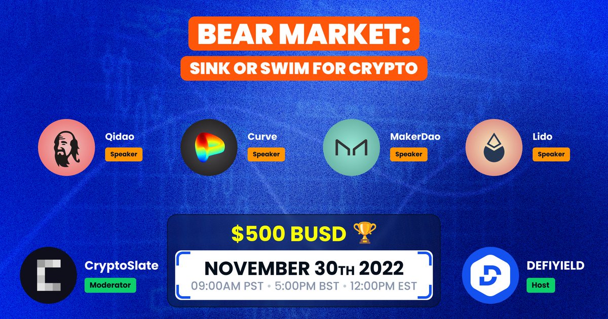DEFIYIELD.App (@defiyield_app) on Twitter photo 2022-11-28 20:35:51 π¨ DeFiYield has invited 4 DeFi Giants: β’ @CurveFinance β’ @QiDaoProtocol β’ @MakerDAO β’ @LidoFinance β‘οΈ To share INSIGHTS on the Best Strategies to make π° in the Bear Market! Wen? π
Nov 30 β° 9am PST | 5pm BST Set π Reminder: twitter.com/i/spaces/1lPJqβ¦ π¨ DeFiYield has invited 4 DeFi Giants: β’ @CurveFinance β’ @QiDaoProtocol β’ @MakerDAO β’ @LidoFinance β‘οΈ To share INSIGHTS on the Best Strategies to make π° in the Bear Market! Wen? π
Nov 30 β° 9am PST | 5pm BST Set π Reminder: twitter.com/i/spaces/1lPJqβ¦