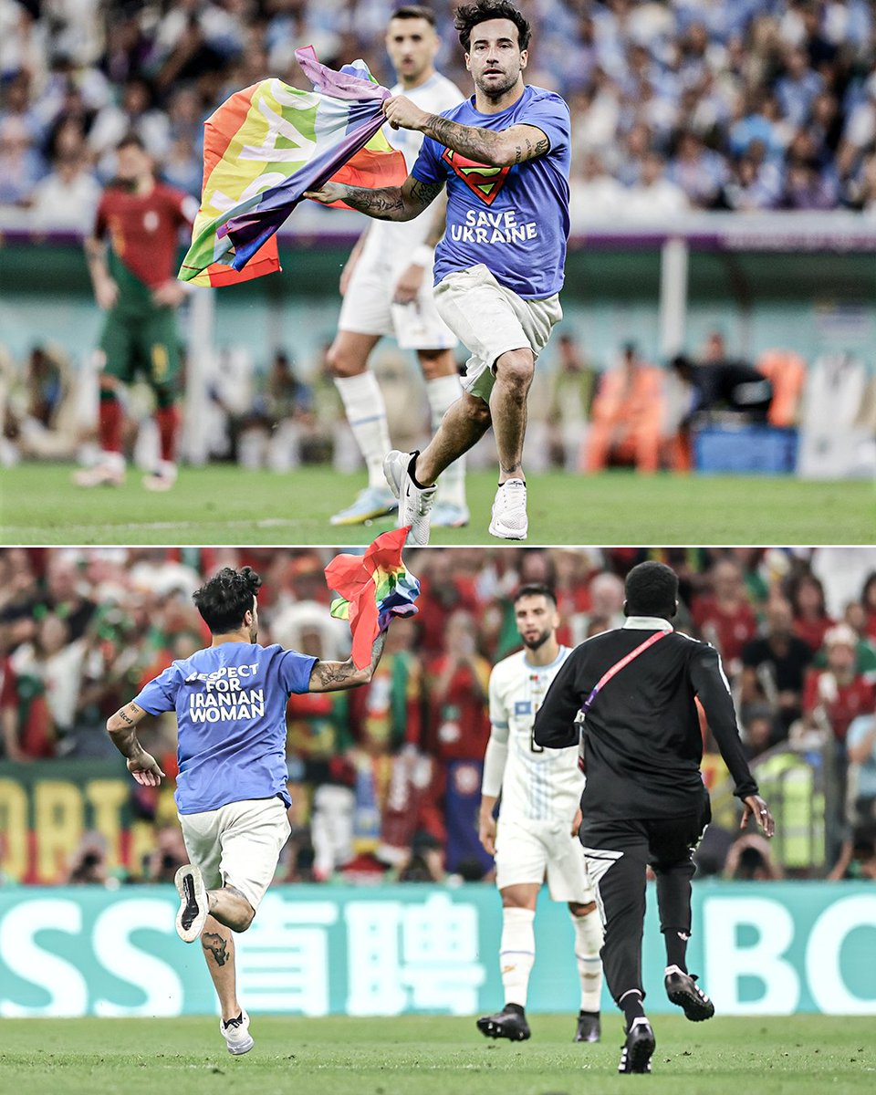 This pitch invader during the Portugal-Uruguay match was holding a rainbow flag. The front of his shirt read 'Save Ukraine' and the back read 'Respect For Iranian Women'.