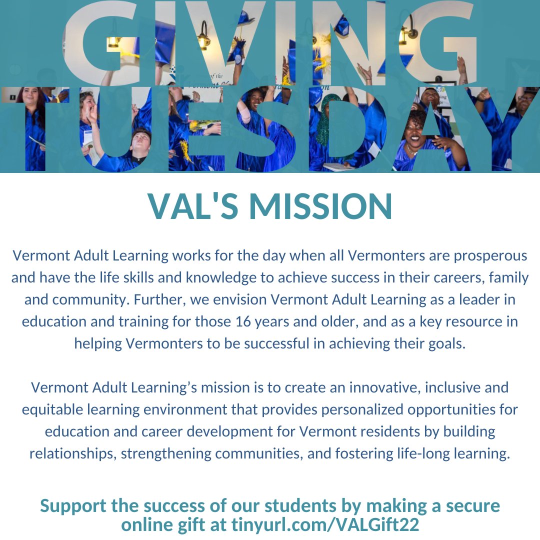 VTAdultLearning's tweet image. #GivingTuesday is here! Today we&apos;ll be sharing some reflections on what VAL has given to those who have benefited from our programs and services. Please consider supporting our mission by making a secure online donation at tinyurl.com/VALGift22 🎓📚💼