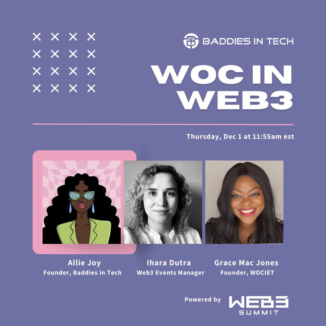 Baddies in Tech (@baddiesintech) on Twitter photo Are you going to Art Basel Miami? Join us for an IRL fireside chat with WOC in Web3 during <a href="/Web3summits/">WEB3 SUMMIT | Women Web3 Miami 2022 🏝</a> 🔥
We’ll be chatting with <a href="/GraceMacjones/">☀️grace</a> and <a href="/iharadutra/">@ShareLove 🌿</a> about their journeys into web3 and how they are taking advantage of the opportunities in this space 👩🏾💻💕 #womeninweb3 Are you going to Art Basel Miami? Join us for an IRL fireside chat with WOC in Web3 during <a href="/Web3summits/">WEB3 SUMMIT | Women Web3 Miami 2022 🏝</a> 🔥
We’ll be chatting with <a href="/GraceMacjones/">☀️grace</a> and <a href="/iharadutra/">@ShareLove 🌿</a> about their journeys into web3 and how they are taking advantage of the opportunities in this space 👩🏾💻💕 #womeninweb3