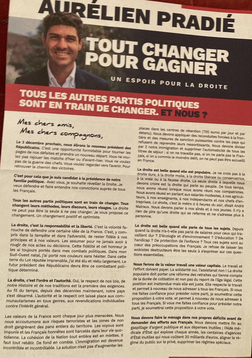 hseill's tweet photo. « Tout changer pour gagner »
@AurelienPradie un espoir pour la droite !
#ProfessionDeFoi @AvecPradie #AvecPradie #LR https://t.co/xwUS8qnqXq
