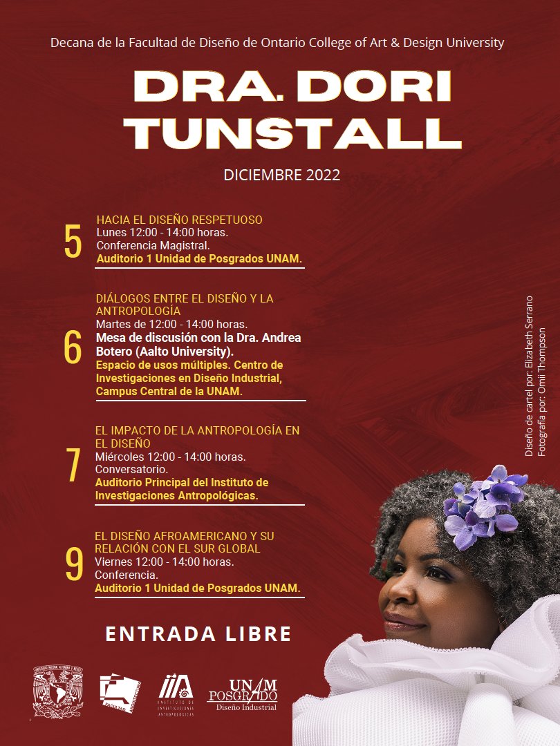 PDI_UNAM's tweet photo. Les hacemos la cordial invitación para asistir a las conferencias y actividades de la profesora invitada Dra. Dori Tunstall. Decana de la Facultad de Diseño del Ontario College of Art &amp; Design University. 
Entrada Libre. 
Más info: 
https://t.co/Ges4q9P2Ku https://t.co/jMC6LEaNKs