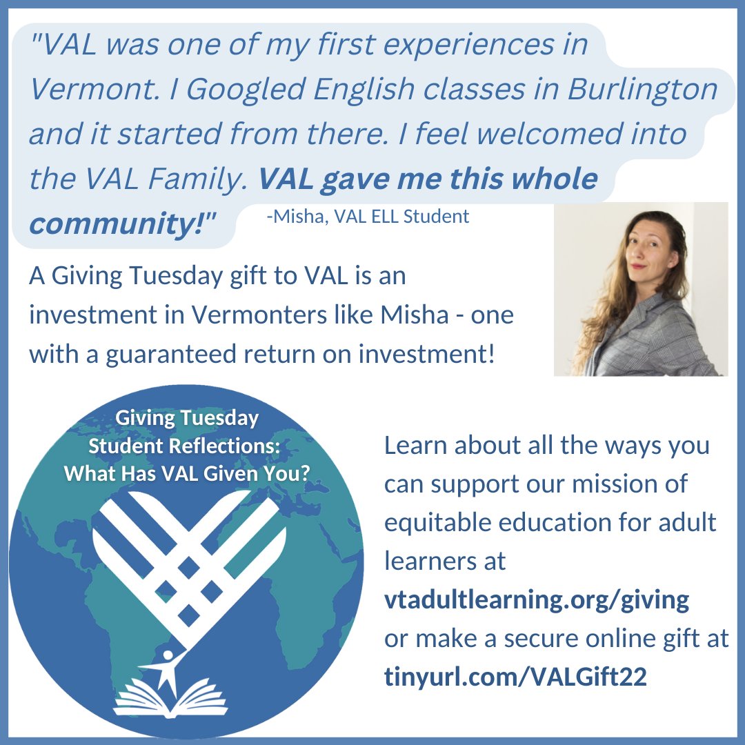 VTAdultLearning's tweet image. #GivingTuesday isn&apos;t just about giving to nonprofits - it&apos;s also about recognizing what nonprofits give to the people we serve! Learn more about VAL and students like Misha at vtadultlearning.org. You can also make a secure online donation at tinyurl.com/VALGift22 📚