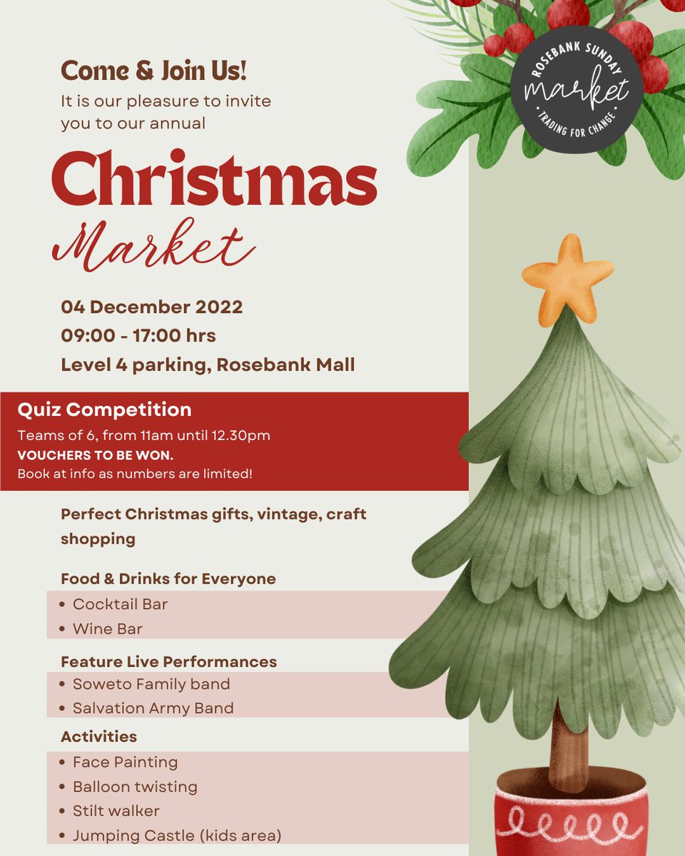 ANNUAL CHRISTMAS MARKET!
Our annual Christmas Market is here and you are invited to the party of the year. And as usual, we are pulling all the stops to bring you the best market party experience in Joburg.