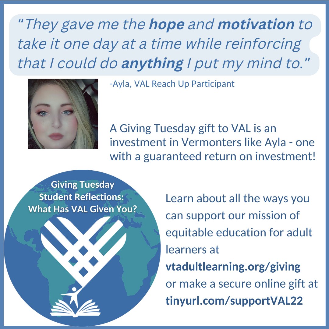 VTAdultLearning's tweet image. #GivingTuesday isn&apos;t just about giving to nonprofits - it&apos;s also about recognizing what nonprofits give to the people we serve! Learn more about VAL and individuals like Ayla at vtadultlearning.org. You can also make a secure online donation at tinyurl.com/VALGift22 💼