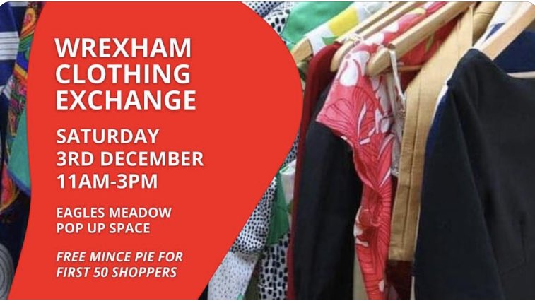 ClothingWrexham's tweet photo. No @Wrexham_AFC at home this weekend….so it’s clothes swap time again! Who’s coming to see us? £3 entry to swap your clothes for some ‘new to you’ ones. As always, contact us in confidence if you’re struggling to afford clothing. We also have our book swap and the free stall! https://t.co/qQEiX6fQh5