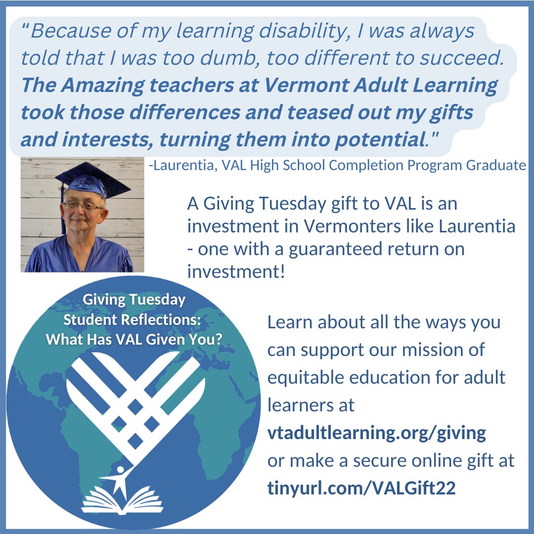 VTAdultLearning's tweet image. #GivingTuesday isn&apos;t just about giving to nonprofits - it&apos;s also about recognizing what nonprofits give to the people we serve! Learn more about VAL and students like Laurentia at vtadultlearning.org. You can still make a secure online donation at tinyurl.com/VALGift22 🎓