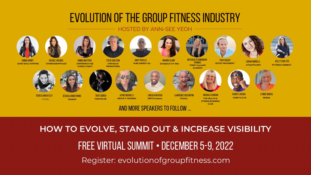 AnnSeeYEOH's tweet photo. Calling all group fitness instructors, yoga and Pilates teachers! 

FREE summit on how to evolve, stand out &amp; reach more people. 

https://t.co/E2dpD5zD3n 

#fitnessjourney #lesmills #groupex #groupfit #yogateacher https://t.co/kn3t12ysXX