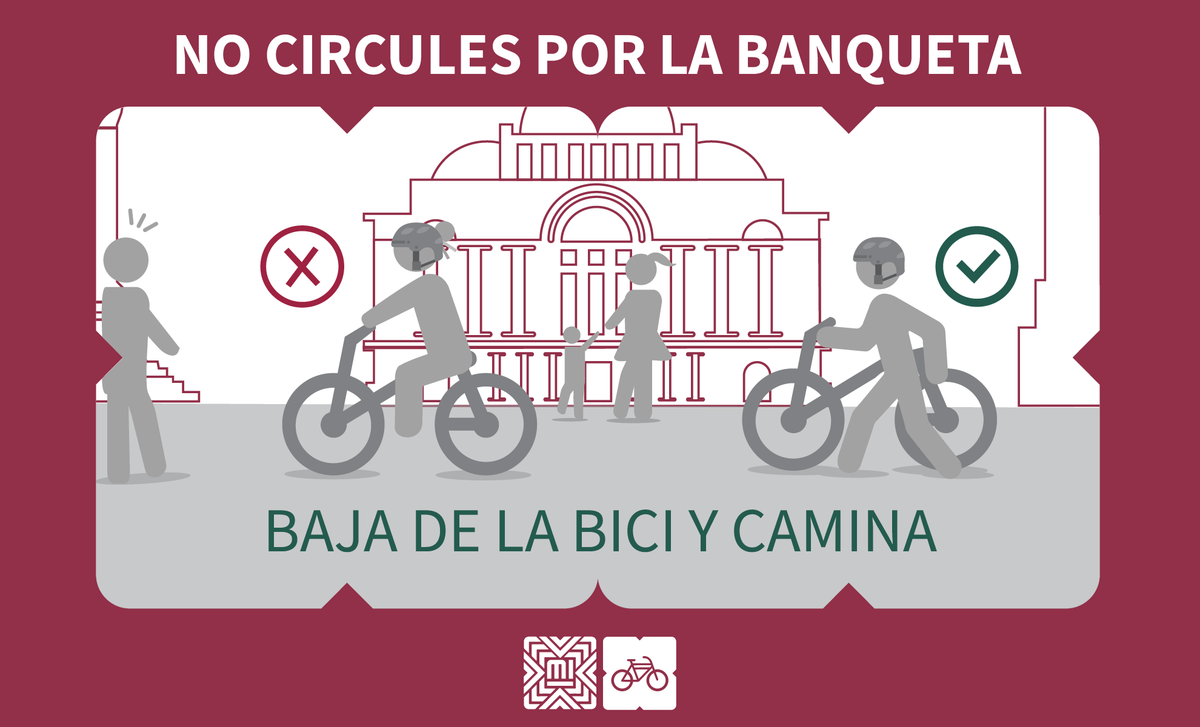 Cuando salgas a pedalear 🚴‍ #QueNoSeTeOlvide que no debes circular 🚫🚴‍ por la banqueta

Si lo haces, baja de la bici y llévala a tu lado 😉

#RespetaAlPeatón