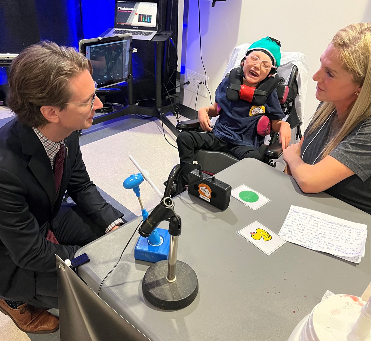 nateglubish's tweet photo. Now, adaptive technologies don't require motor skills.

Clare can spray her brothers with a water gun, make smoothies, play musical chairs, and so much more.

This is a real game-changer!

Thank you @UAlberta for the invitation and tour. @UofAResearch @BCI4kids https://t.co/1379xoZEer