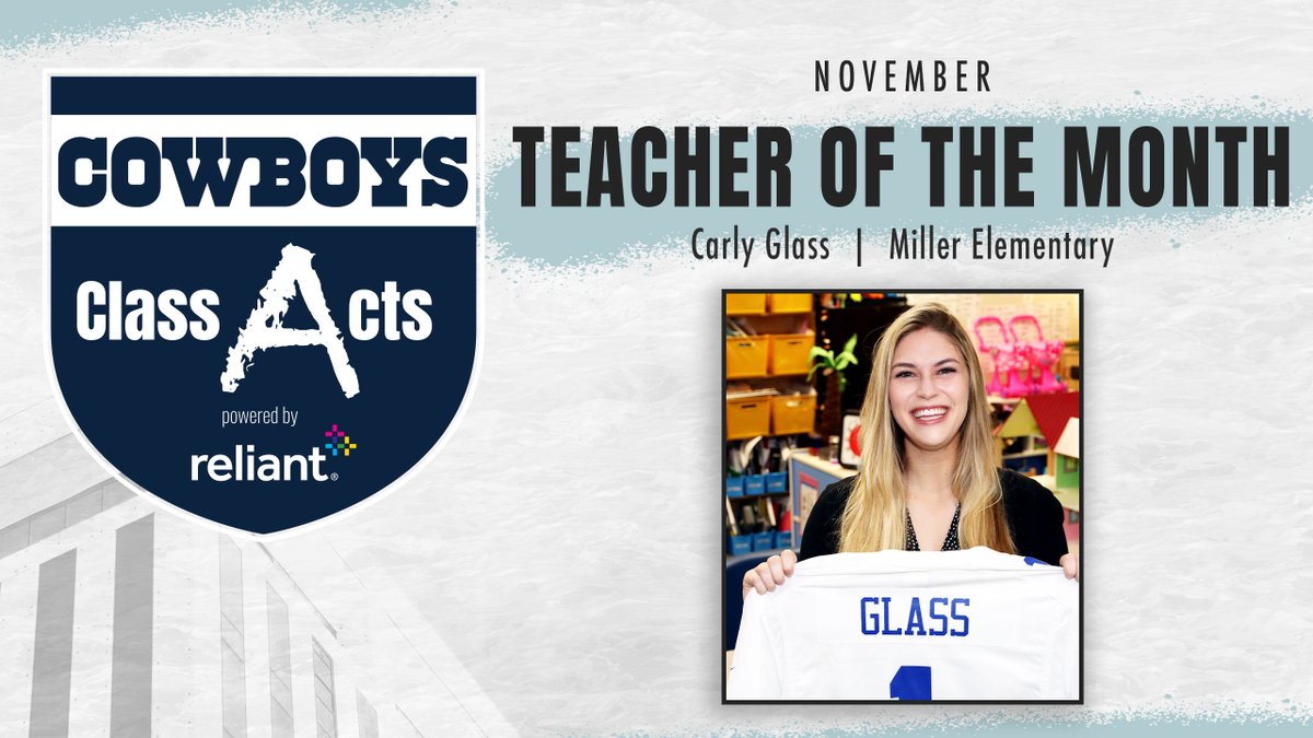 Congrats to Carly Glass from @ArlingtonISD for being recognized as the November Teacher of the Month.

Carly is our 3rd teacher this year to be honored as a part of our Class Acts Program powered by @reliantenergy for her tremendous work at Miller Elementary!

#CowboysClassActs