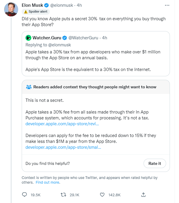ColtSTaylor's tweet photo. I understand why people are leaving Twitter, but it sure is fun watching the owner of a business constantly get fact-checked by it.  

Even I knew this ➡️https://t.co/gBGVKFCSBv

#IOS #AppStore #Apple #ElonMusck #30Percent #InternetTax https://t.co/LQ5cXUHgAF