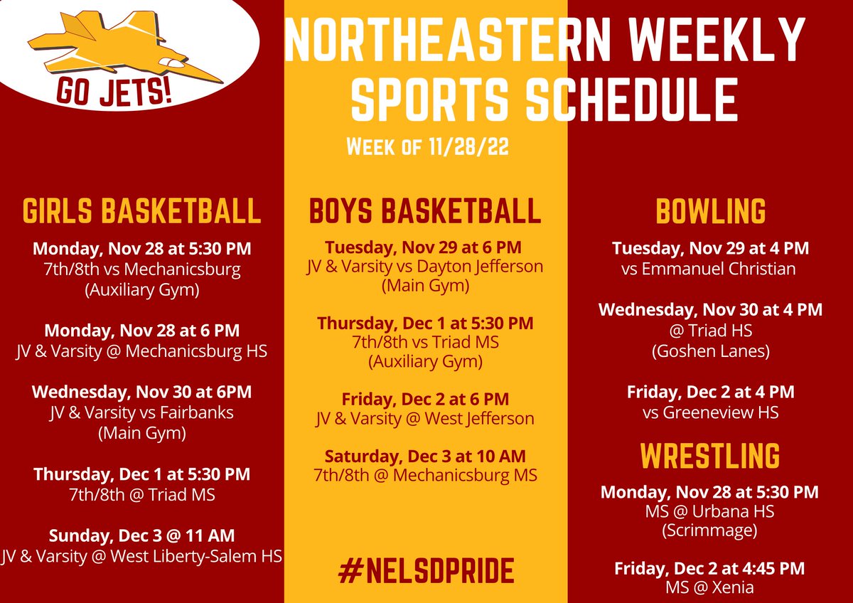 🎳 🏀 🤸 🏊 🤼 Here is the list of ❄️ athletic events currently scheduled for the week starting Monday, Nov. 28, 2022.

#NELSDpride #CougarsRoar #JetsSoar