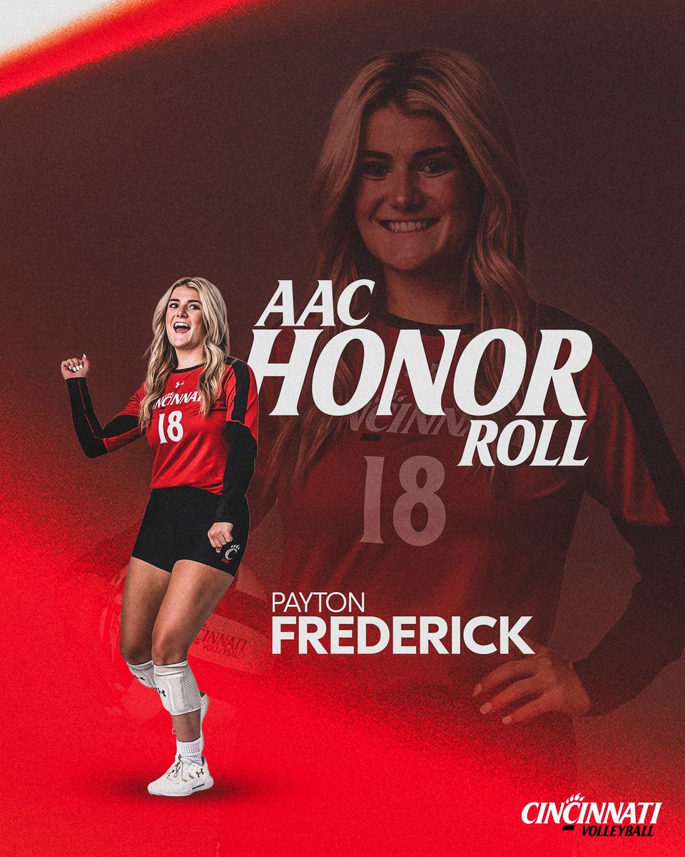 GoBearcatsVB's tweet image. What a way to end your career 🤩

Payton Frederick has been named to the final AAC weekly honor roll after averaging 6.33 digs per set in two sweeps! 

#Bearcats | @Paytonfred18