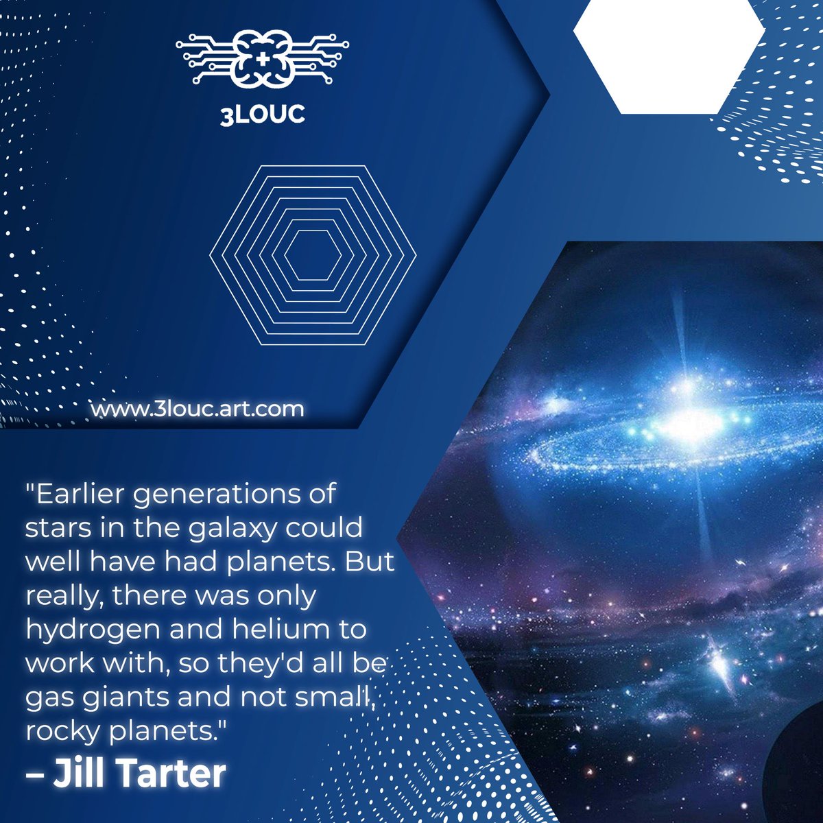 3louc's tweet photo. "Earlier generations of stars in the galaxy could well have had planets. But really, there was only hydrogen and helium to work with, so they'd all be gas giants and not small, rocky planets." - Jill Tarter
.
Follow us on 👉@3louc
.
#nfts #nft #nftart #nftcommunity #nftcollector https://t.co/lbYkB4wuLy