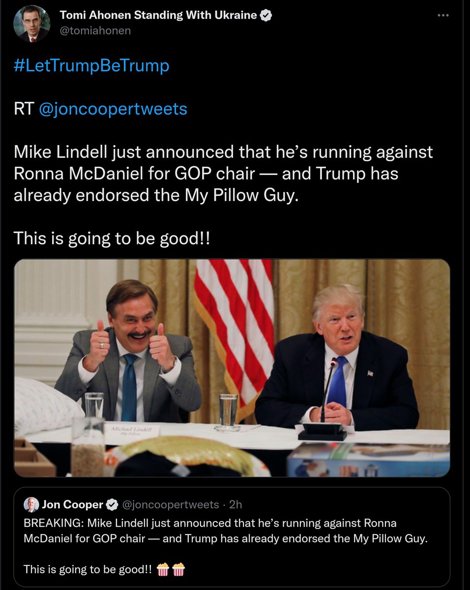 TonyHussein4's tweet photo. MyPillow Mike Lindell will run for Republican National Committee chair in a challenge to current RNC chair Ronna Romney McDaniel’s quest for re-election after a worse-than-expected GOP performance in this year’s midterms. Trump has already endorsed the My Pillow Guy. What a joke! https://t.co/k57tgPx1qX