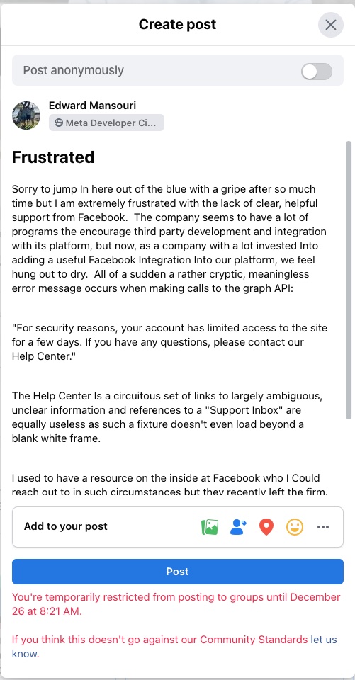 emansouri's tweet photo. @Meta @MetaforDevs @MetaforBusiness @boztank @dwehner @_chriscox If you're to encourage 3rd party development, you should offer more meaningful support - I'm an 8 year FB developer "locked out" without ability to even get help from a development group - help and do better please! https://t.co/61EWTGh9Hr