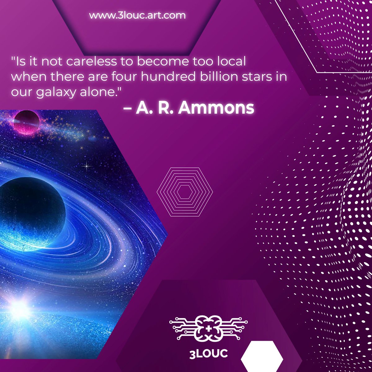 3louc's tweet photo. "Is it not careless to become too local when there are four hundred billion stars in our galaxy alone." - A. R. Ammons 
.
Follow us on 👉@3louc
.
#nfts #nft #nftart #nftcommunity #nftcollector #art #crypto #ethereum #blockchain #opensea #nftcollectors #bitcoin #cryptocurrency https://t.co/7q7s1OoLB1