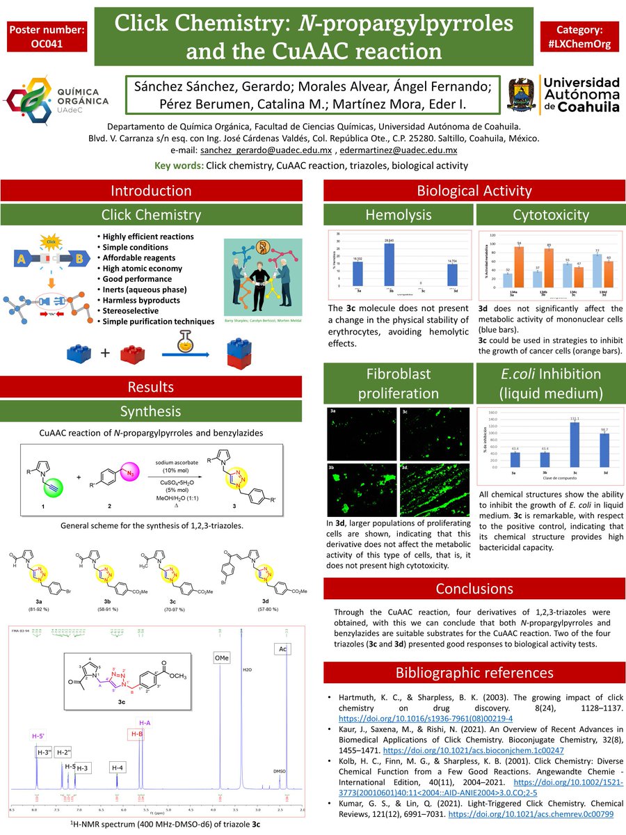 Gerardo Sánchez² (@01gerass) on Twitter photo Hello <a href="/LatinXChem/">LatinXChem</a>, this is my work "Click Chemistry: N-propargylpyrroles and the CuAAC reaction"
#LatinXChem22 #LXChemOrg #OC041 #QuímicaClick #PremioNobel <a href="/UAdeC/">@UAdeC</a> <a href="/Eder_q/">Eder Martínez</a> Hello <a href="/LatinXChem/">LatinXChem</a>, this is my work "Click Chemistry: N-propargylpyrroles and the CuAAC reaction"
#LatinXChem22 #LXChemOrg #OC041 #QuímicaClick #PremioNobel <a href="/UAdeC/">@UAdeC</a> <a href="/Eder_q/">Eder Martínez</a>