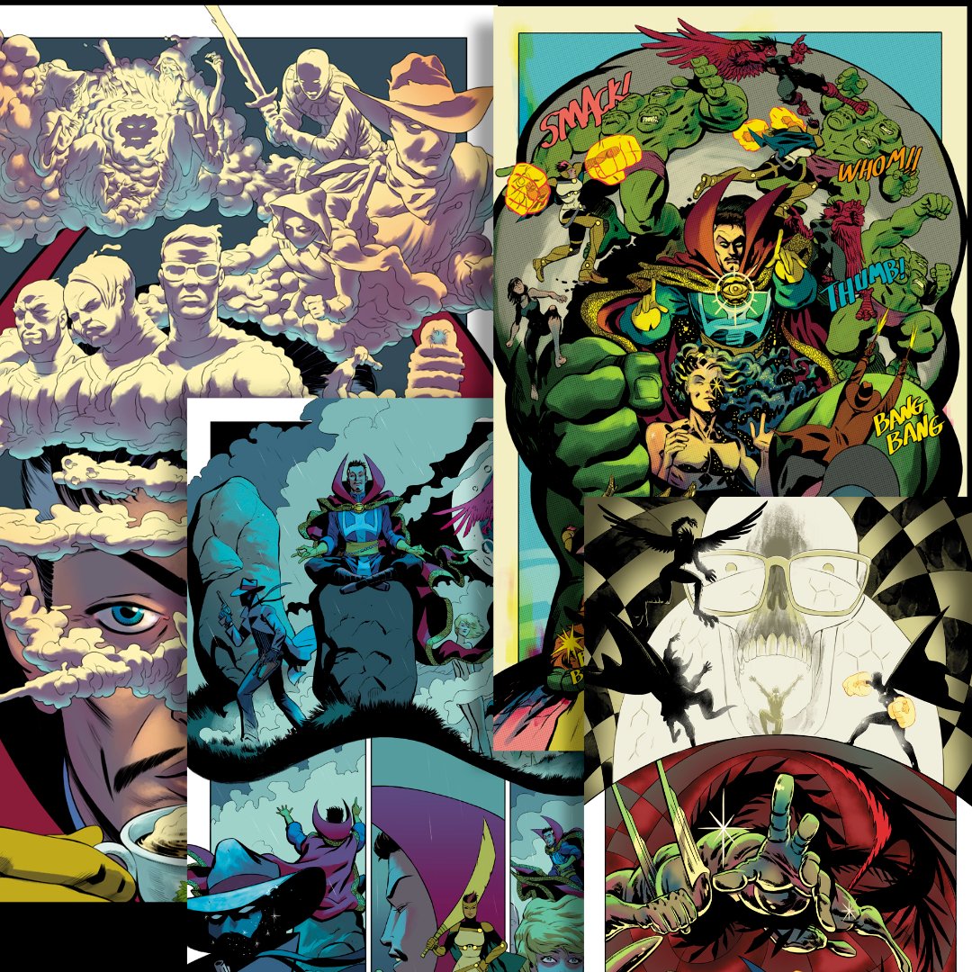 For people that enjoy chat about page design. In our first Defenders mini (2021), panels are biased towards the team leader Doctor Strange. Free, formless, abstract, panel borders are here to transmit the idea of that magical environment.