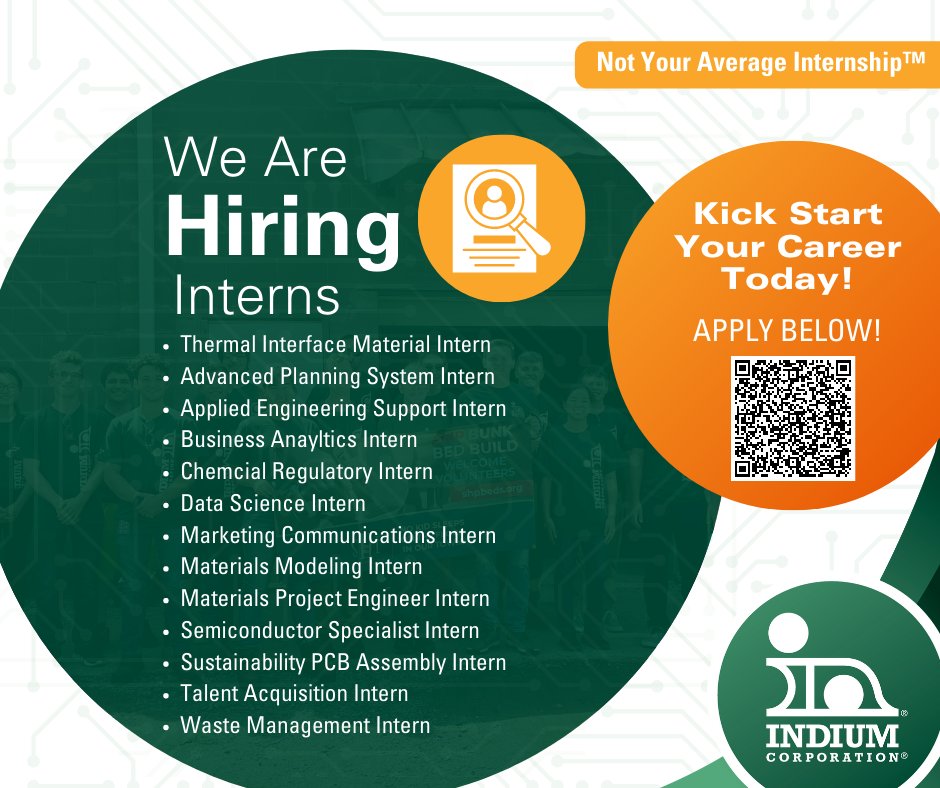 IndiumCorp's tweet image. Our internship postings are up! We have 13 openings, and we're looking for students who are ready to kick-start their careers!

💬 Do you know someone looking for an internship?

Visit indium.news/3EDuktu to learn more!  
#NotYourAverageInternship #Intern2023