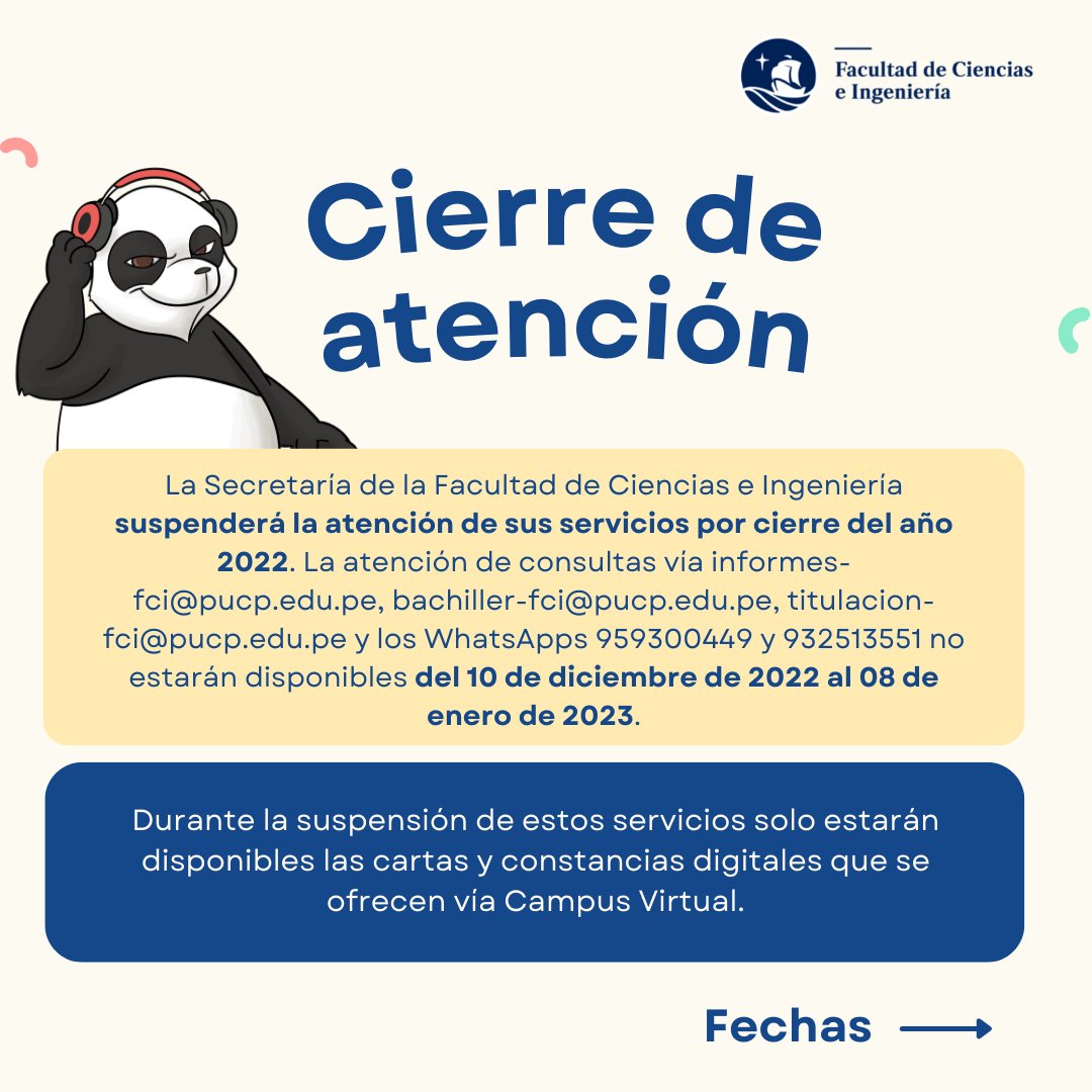 fcipucp's tweet photo. ¡Que no se te pase! 

Te dejamos las fechas de cierre de atención del presente año, además de las fechas de reanudación de cada una de estas actividades. https://t.co/27C1xARAVI