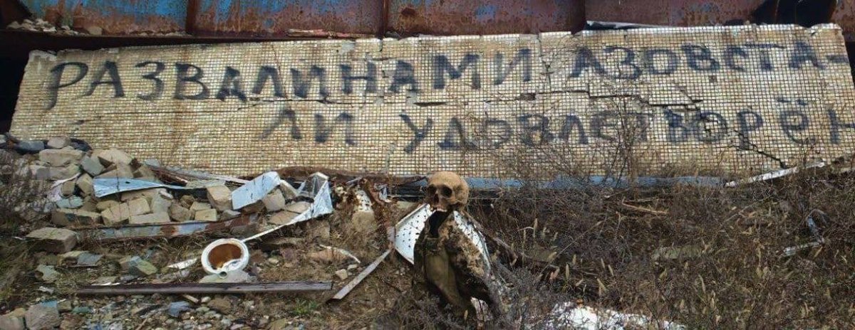 Russian crud made this with the dead Ukrainian soldier with the words “Satisfied with the ruins of Azovsteel” behind. 

Disrespect to all russian empire supporters.