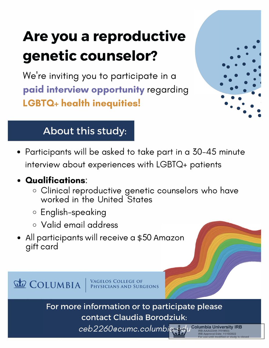 Are you a reproductive genetic counselor who has worked with LGBTQ+ clients? We at <a href="/ColumbiaGCP/">ColumbiaGCProgram</a> invite you to participate in a virtual interview study to explore this population's access to equitable care and inclusive counseling! 🏳️‍🌈 #genechat