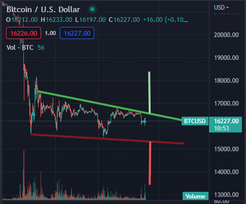 #btc remains inside falling wedge, target price for upbrake is cca 18.5k and downbrake 13.5k

#tradeoftheday #trade #cryptotrade #trading #crypto #cryptomarket #btcusd #inflation #chart #trader #cryptotraders #CryptoInvestor #bullrun #cryptocrash #cfd #investing #investingtips