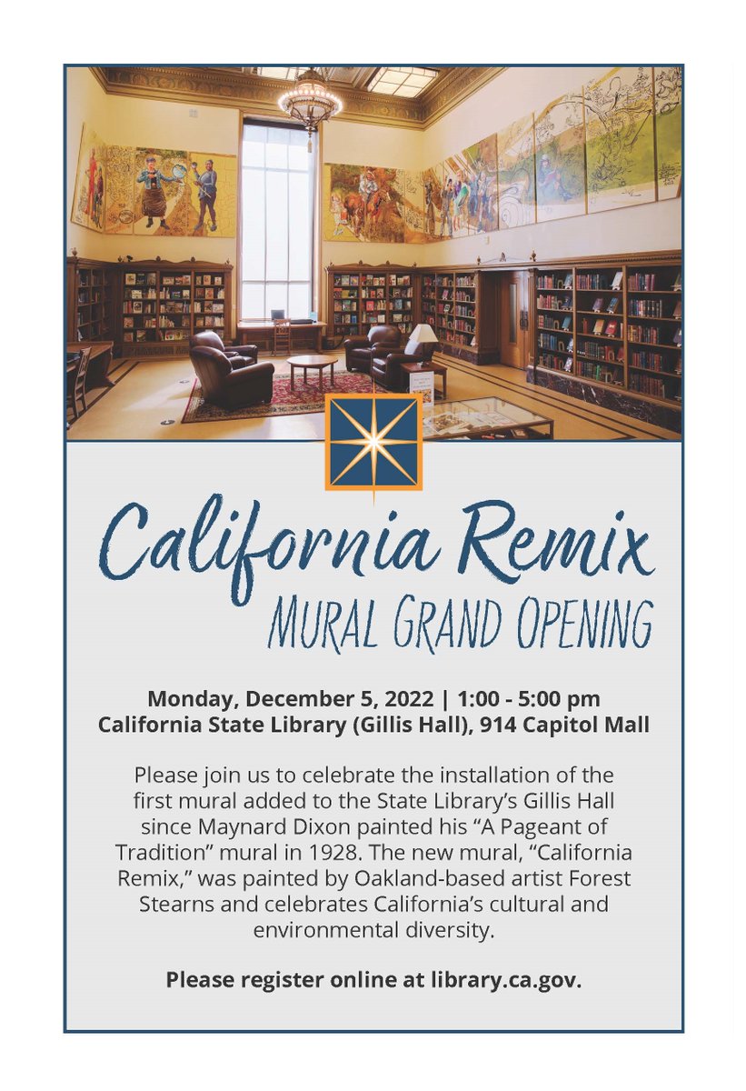CAStateLibrary's tweet image. The California State Library has a new set of murals gracing the walls of Gillis Hall is the historic Stanley Mosk Library and Courts Building. Join us for the Grand Opening event Monday, Dec .5, 1-5pm. Register at eventbrite.com/.../california…...  or online at library.ca.gov.