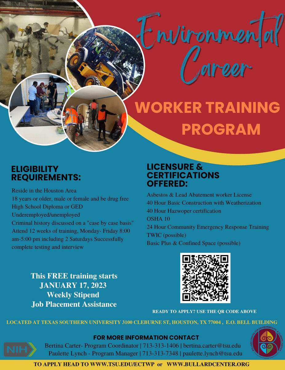 BullardCenter's tweet photo. Our ECWTP has been changing lives in the Houston area for more than 10 years. Want a chance to start a career with great benefits? Check out www/bullardcenter.org/ecwtp.
#ECTWP #thebullardcenter #texassouthern #tsu #environment #environmentalcareers #BCECJ https://t.co/irRoWeJvrx