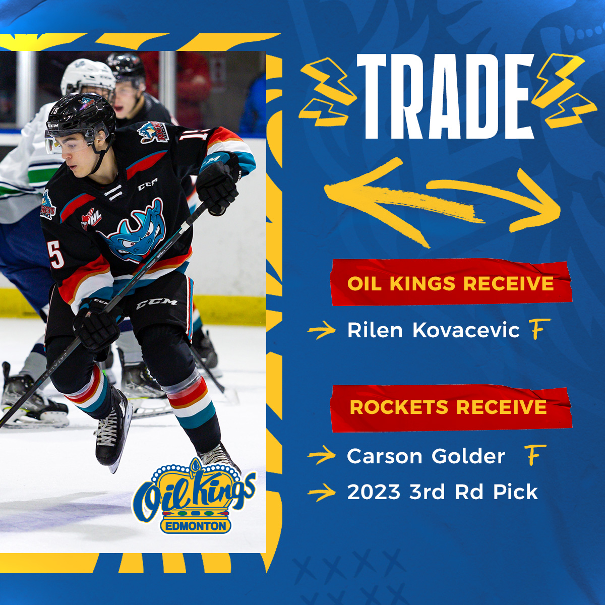 Edmonton Oil Kings on Instagram: 🔁 TRADE ALERT 🔁 The #OilKings have  acquired 2004-born F Rilen Kovacevic in exchange for 2002-born F Carson  Golder and a conditional 2023 3rd-round pick. Head to