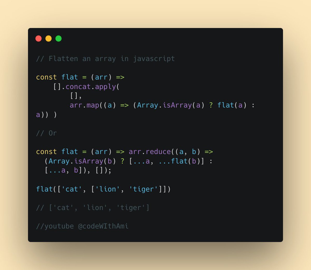 codewithamir's tweet image. #javascript #Tip 24 - Flatten an array
We are often tested in interviews, which can be achieved in two ways.

#codeWIthAmi #javascriptdevelopers #javascript #javascripttutorial #100daysofcodechallenge #100DaysOfCode #100daysofcodechallenge