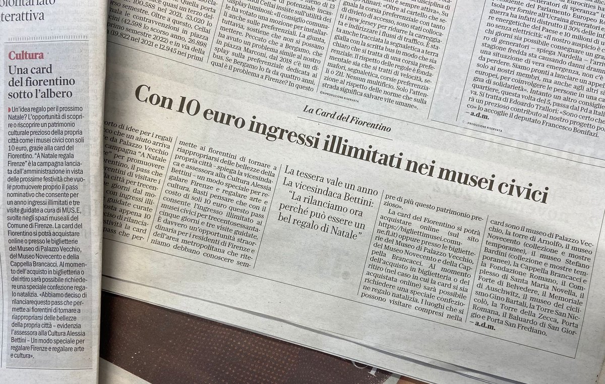 Alessia_Bettini's tweet photo. A Natale regala Firenze! La card del Fiorentino a soli #10euro è una bellissima opportunità per scoprire i musei civici e un’originale idea regalo per queste festività.
Più info https://t.co/2ASDdKUNPB https://t.co/bIDANabpIM