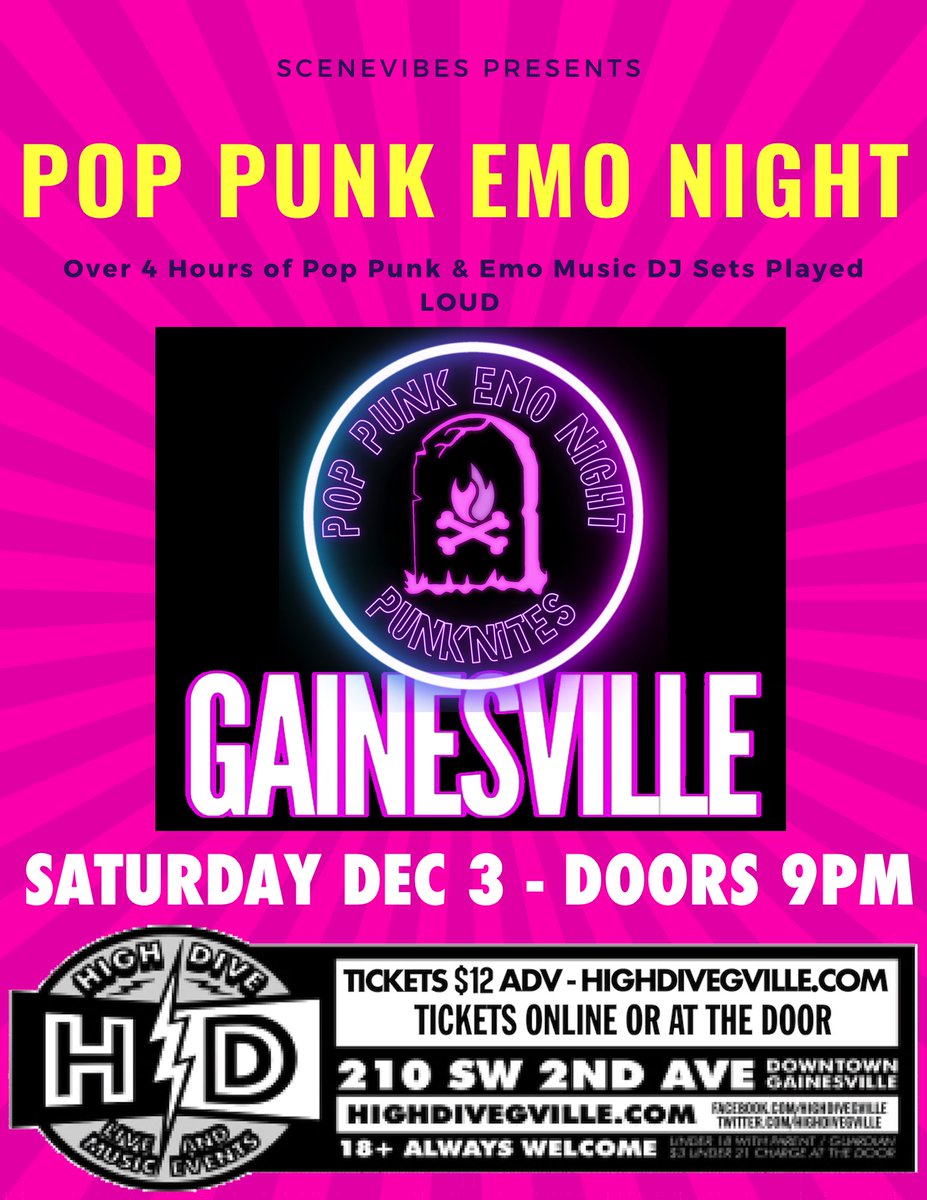 PunkNites's tweet image. Oh hi, if you happen to enjoy your punk poppy and your Emo sobby, and you are within driving distance of Gainesville Florida, why don’t you come out to our show Saturday at HIGH DIVE? I triple guarantee you’ll have a good time