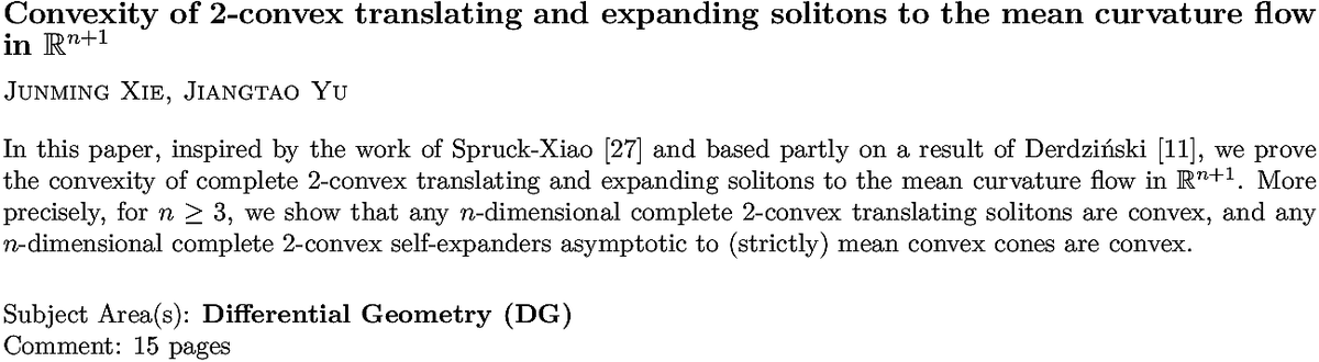 arxiv.org/abs/2211.14281…
J Xie, J Yu
Convexity of 2-convex translating and expanding solitons to the mean
  curvature flow in $\mathbb{R}^{n+1}