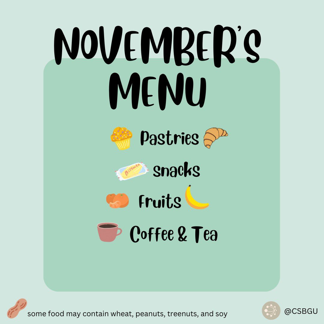 CSBGSU's tweet photo. Tomorrow we’ll be serving brunch at our first graduate student seminar of the year! Join us at ESC 3056 on Tuesday, November 29 at from 10-11am. Check out November’s menu below! 🥐🍊☕️ https://t.co/mejUcwIO1S