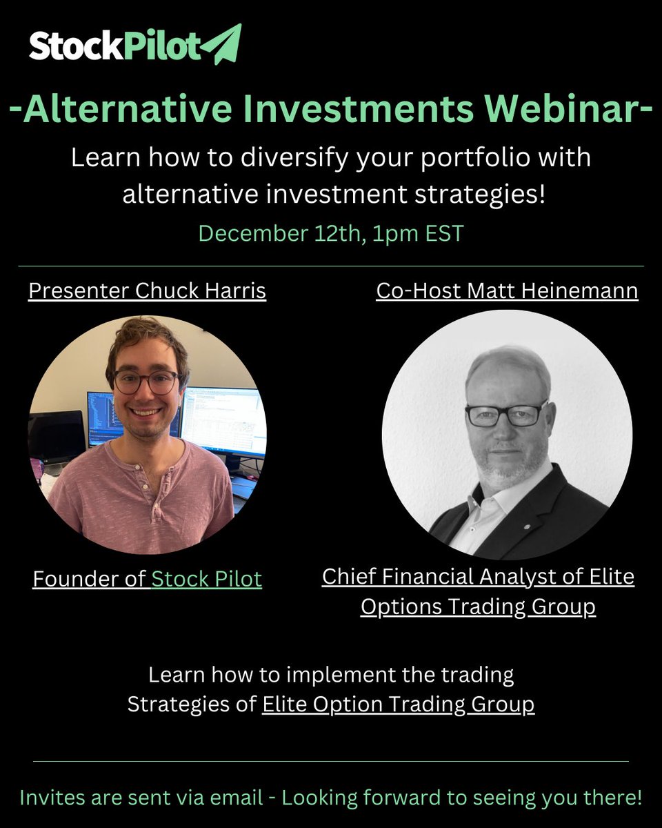 StockPilotllc's tweet photo. Looking forward to our next webinar with Matt from Elite Options Trading Group! Matt and their analysts will be connecting from Germany to discuss how they plan to offer their vertical spreads strategy via Stock Pilot.

#autotrading #optiontrading https://t.co/PdOB8GADPe