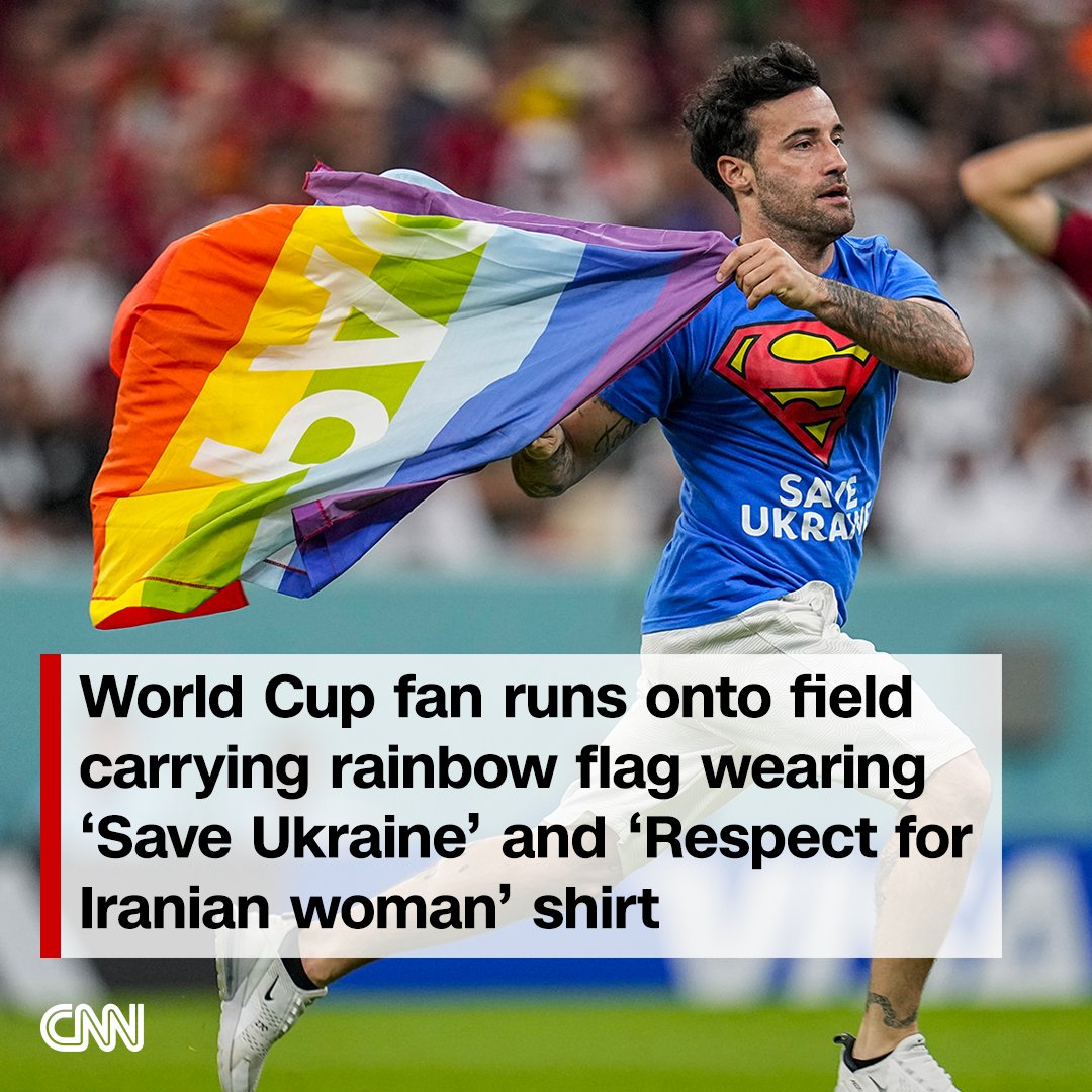 CNN's tweet photo. The World Cup match between Portugal and Uruguay was briefly interrupted by a pitch invader waving a rainbow flag on the field at the Lusail Iconic Stadium on Monday.

Read more: https://t.co/lKgDgLJ2fC https://t.co/PATQqOAoDd