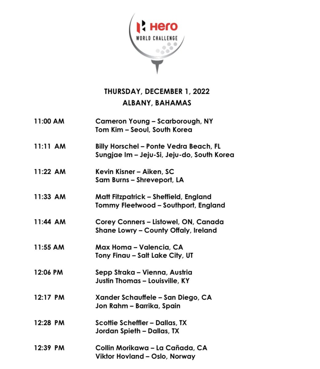 Pairings and starting time for the first round of the Hero World Challenge