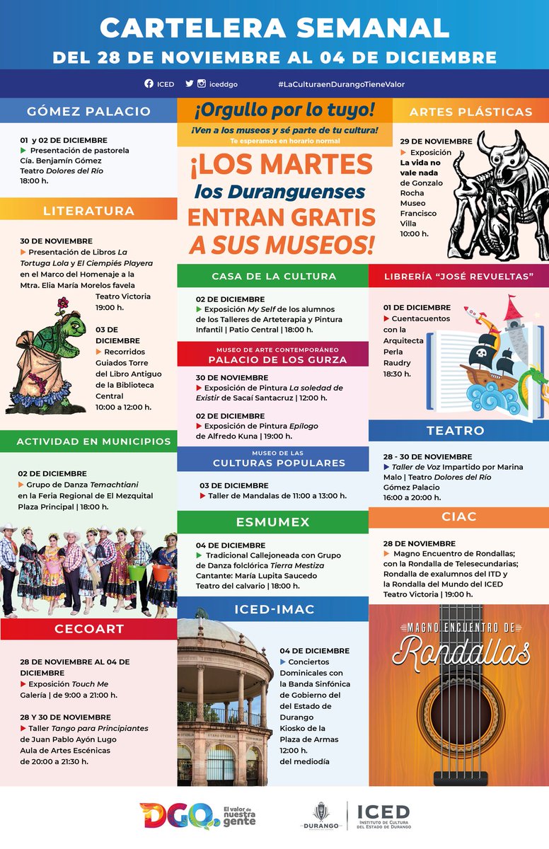 No te pierdas nuestra Cartelera Semanal con todas las actividades artísticas y culturales que tenemos para tí. 🤹🏽‍♀️🎭🩰🎨🎷🎫

¡¡Acompáñanos!!

#Durango #México #Cultura #DurangoEsCultura #LaCulturaEnDurangoTieneValor